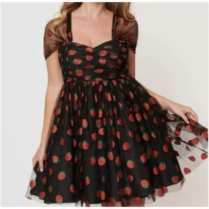 NWT Unique Vintage Glitter Strawberry Black Tulle Baby Doll Dress Large 10-12